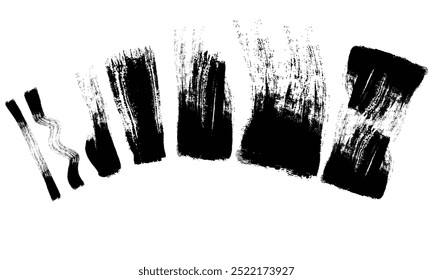Conjunto vetorial de traçados de pincel grunge. Pincel plano,Faixa de pintura grunge . Traçado do pincel vetorial . Banner angustiado . Coleção de pincel isolada em preto. Forma texturizada moderna . Borda seca em Preto 