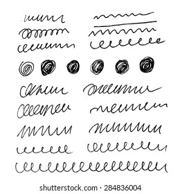 Vector set of grunge brush strokes. Black vector brush strokes collection. Grunge marker stains. Set of brushes and other design elements, hand drawn with ink.
