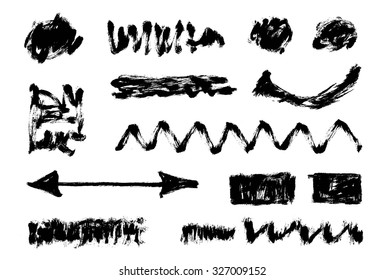 Vector set of grunge brush strokes. Black vector brush strokes collection. Grunge marker stains. Set of brushes and other design elements, hand drawn with ink.