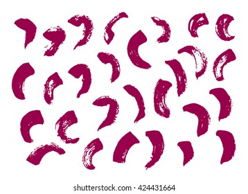 Vector set of grunge brush strokes. Purple vector brush strokes collection. Purple paint spots vector set. Monochrome hand drawn print. Trendy monochrome texture graphic design.