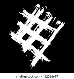 Vector set of grunge brush strokes. White vector brush in a black background. Strokes collection. Grunge stains. Set of brushes design elements, hand drawn with ink.