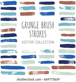 Vector set of grunge brush strokes or backgrounds isolated on black. Artistic lines collection. Blue, navy, brown and grey color hand painted brush strokes set. Textured design elements
