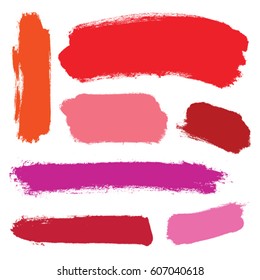 Conjunto vectorial de muescas de brochas de brochas de grano. Trazos de pincel rojo con lápiz labial. Anuncio de manchas de pintura rosa aislado en fondo blanco.