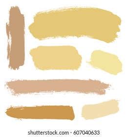 Vector set of grunge brush swatches. Beige foundation brush strokes set. Sand paint spots vector set isolated on white background.
