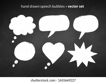 Vector set of grunge chalk drawn speech bubbles isolated on chalkboard background.