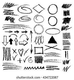 Vector set of grunge chalk strokes and creative design elements and shapes: arrows, frames, heart, check, cross.