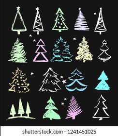 Vector set of grunge Christmas trees hand drawn with chalks on blackboard