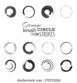 Vector set of grunge circle brush strokes. Black ink stains isolated on white background.