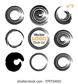 Vector set of grunge circle brush strokes. Hand made brush artistic collection, for logo, business design. Set of black elements on white background