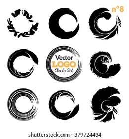 Vector set of grunge circle brush strokes. Hand made brush artistic collection, for logo, business design. Set of black elements on white background