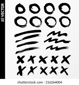 Vector set of grunge circles, stripes and crosses. For frames, icons, design elements, brushes.