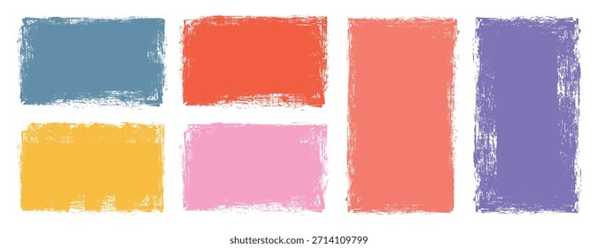 Conjunto de Vector de marcos de pintura de colores grunge. Grungy cepilla la colección. Colección de pincel rectangular. Textura en negrita con trazos de pincel rectangulares afligidos. Fondos texturizados para insignias, etiquetas, Anuncios.