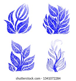 Vector set of grunge floral, leafs design elements. Isolated black and white