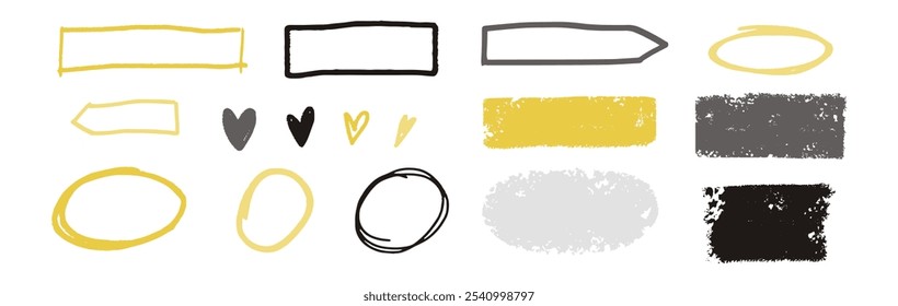 Vector set of grunge graphic background. Set of strokes. dirt banner. set of yellow paint, ink brush, brush strokes, frames. Street art texture hand drawn pencil scribble lines. Set of chalk strokes