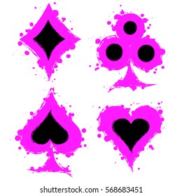Vector set of grunge graphic illustration of sign of playing card with ink blot, brush strokes, isolated on the white. Series of artistic illustration with splash, blots and brush strokes