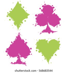 Vector set of grunge graphic illustration of sign of playing card with ink blot, brush strokes, isolated on the white. Series of artistic illustration with splash, blots and brush strokes