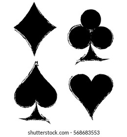 Vector set of grunge graphic illustration of sign of playing card with ink blot, brush strokes, isolated on the white. Series of artistic illustration with splash, blots and brush strokes