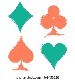 Vector set of grunge graphic illustration of sign of playing card with ink blot, brush strokes, isolated on the white. Series of artistic illustration with splash, blots and brush strokes.