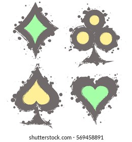 Vector set of grunge graphic illustration of sign of playing card with ink blot, brush strokes, isolated on the white. Series of artistic illustration with splash, blots and brush strokes.