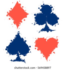 Vector set of grunge graphic illustration of sign of playing card with ink blot, brush strokes, isolated on the white. Series of artistic illustration with splash, blots and brush strokes.
