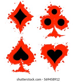 Vector set of grunge graphic illustration of sign of playing card with ink blot, brush strokes, isolated on the white. Series of artistic illustration with splash, blots and brush strokes.