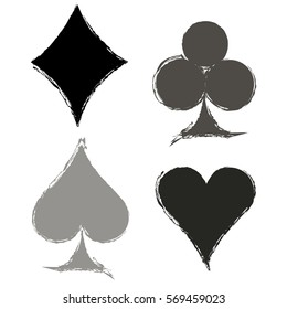 Vector set of grunge graphic illustration of sign of playing card with ink blot, brush strokes, isolated on the white. Series of artistic illustration with splash, blots and brush strokes.