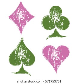 Vector set of grunge graphic illustration of sign of playig card with ink blot, brush strokes, isolated on the white. Series of artistic illustration with splash, blots and brush strokes.