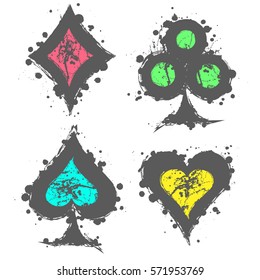Vector set of grunge graphic illustration of sign of playig card with ink blot, brush strokes, isolated on the white. Series of artistic illustration with splash, blots and brush strokes.