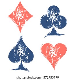 Vector set of grunge graphic illustration of sign of playig card with ink blot, brush strokes, isolated on the white. Series of artistic illustration with splash, blots and brush strokes.
