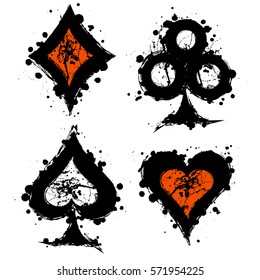 Vector set of grunge graphic illustration of sign of playing card with ink blot, brush strokes, isolated on the white. Series of artistic illustration with splash, blots and brush strokes.