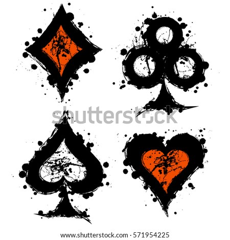 Vector set of grunge graphic illustration of sign of playing card with ink blot, brush strokes, isolated on the white. Series of artistic illustration with splash, blots and brush strokes.