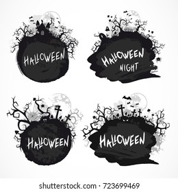 Vector set of grunge Halloween illustrations with graves, castles and hand-drawn lettering. Monochrome.
