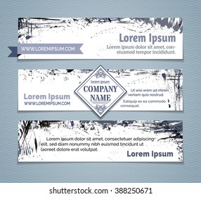 Vector set of grunge horizontal banners. Grey and blue hand-drawn ink stains, flourishes and blots. There is place for your text on white area.