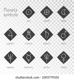 Vector set of grunge icons with astrological planets symbols on a transparent background. Signs collection: sun, earth, moon, saturn, uranus, neptune, jupiter, venus, mars, pluto, mercury. Monochrome.