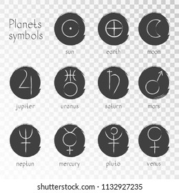 Vector set of grunge icons with astrological planets symbols on a transparent background. Signs collection: sun, earth, moon, saturn, uranus, neptune, jupiter, venus, mars, pluto, mercury. Monochrome.