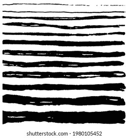 Vector set of grunge ink brush strokes. Black artistic paint, hand drawn. Dry brush stroke elements collection isolated on white background. 