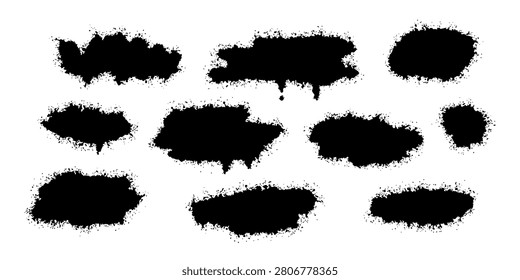 Vector set of grunge ink splash shapes with rough edges. Black spray paint stain label elements collection for edgy poster, banner, and urban design.