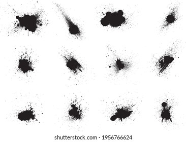 Vector set of grunge messy paint splashes. Abstract splashing spray dots. Amazing brush texture. Spatter hand drawn graphic. Dirty ink collection