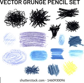 Vector set  grunge pencil frames, oval, rectangular, round frames. Clouds with chaotic shading of blue, black, purple, yellow pencils and wax crayons