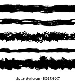 Vector Set of Grunge Seamless Stipes, Brush Strokes, Black Ink Splatters on White Background.