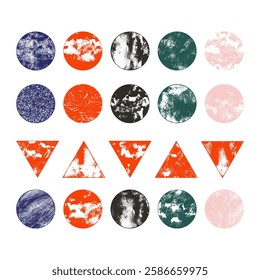 Vector set with grunge textured circles and triangles. Elements for design