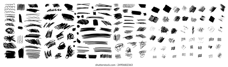 Vector set of grungy graphic elements. Street art texture hand drawn pencil underlines and strikethrough, scribble emphasis lines, punk hatches, ovals and crosses. Each element is united and isolated