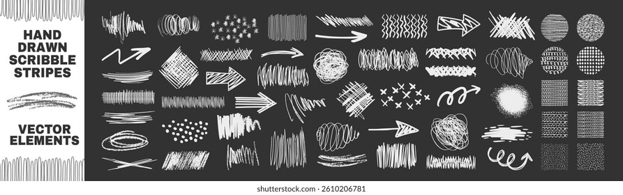 Vector set of grungy graphic elements. Brush hand drawn scribbles underlines, circles set collection. Marker drawn arrows, swirls and scribbled shapes. 