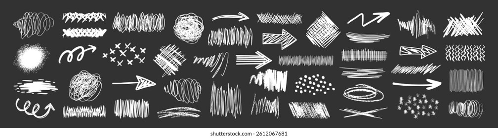Vector set of grungy graphic elements. Brush hand drawn scribbles underlines, circles set collection. Marker drawn arrows, swirls and scribbled shapes. 