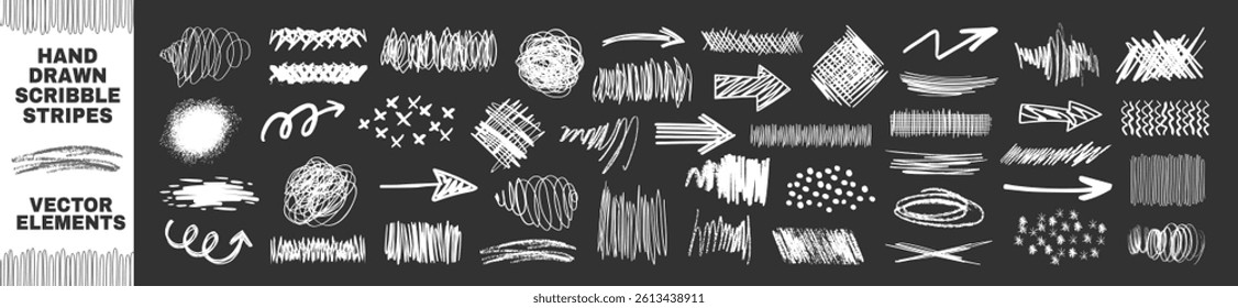 Vector set of grungy graphic elements. Brush hand drawn scribbles underlines, circles set collection. Marker drawn arrows, swirls and scribbled shapes. 
