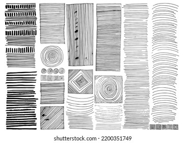 Conjunto vectorial de texturas dibujadas a mano con nitidez. Líneas, círculos, citologías, olas, pinceladas, triángulos. Elementos dibujados a mano para su diseño gráfico