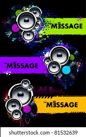 Vector set of grungy musical banners with speakers and vinyl discs.