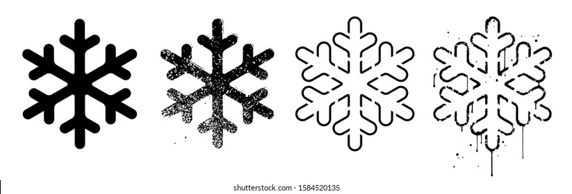 Vector set of grungy snowflakes. Black stamps on a white background. Silhouette, stencil template and weathered examples. Sponge painting, splatter and grainy textures. Icons of harsh urban winter