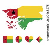 Vector set of Guinea Bissau high detailed map flag and national flag round badge isolated on white background.