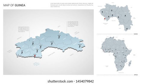 Vector set of Guinea country.  Isometric 3d map, Guinea map, Africa map - with region, state names and city names. 